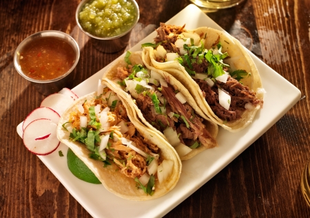 21957549 - authentic mexican barbacoa, carnitas and chicken tacos